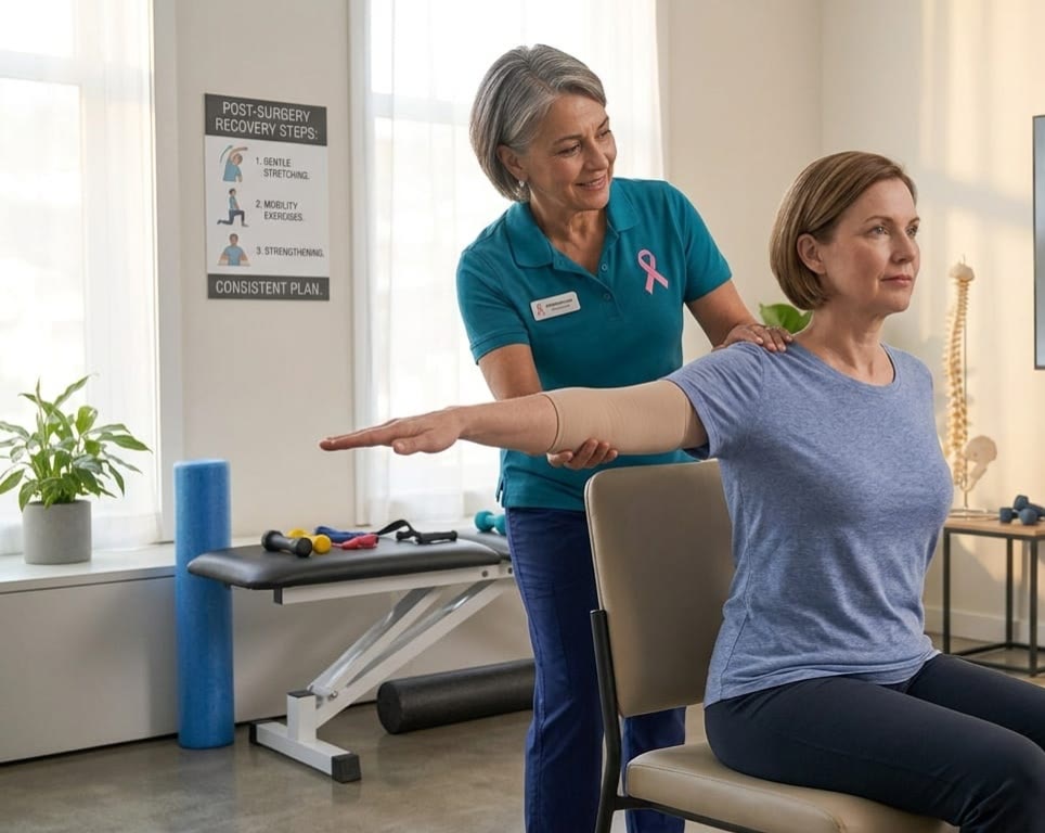 Therapist guiding seated arm raises during post-surgery breast cancer rehabilitation