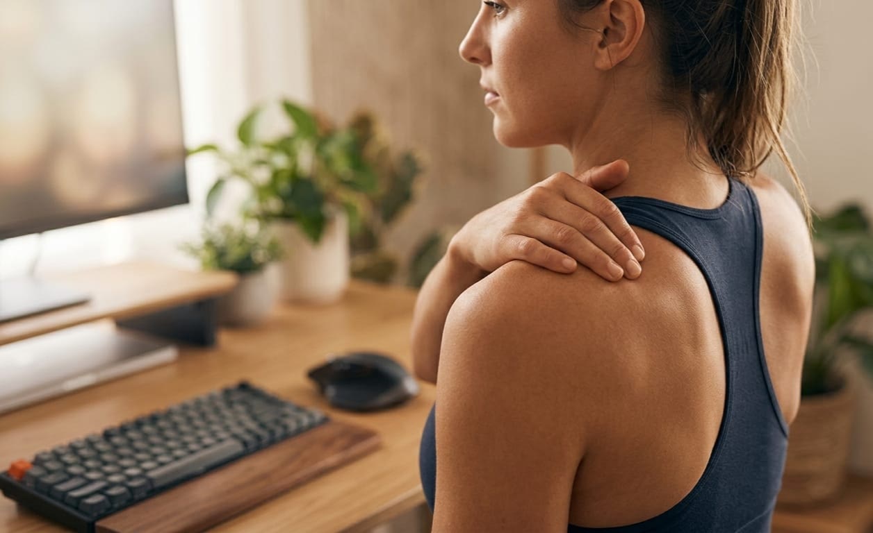 Desk worker holding her aching shoulder at a computer workstation