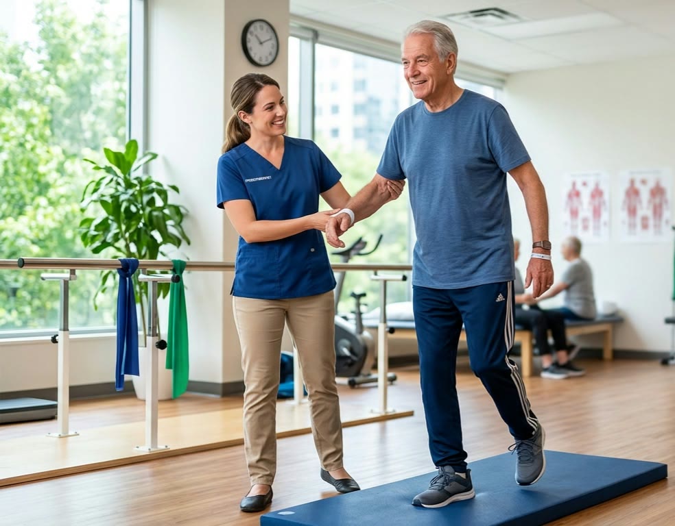 Physiotherapist supporting an older man during a guided walking exercise