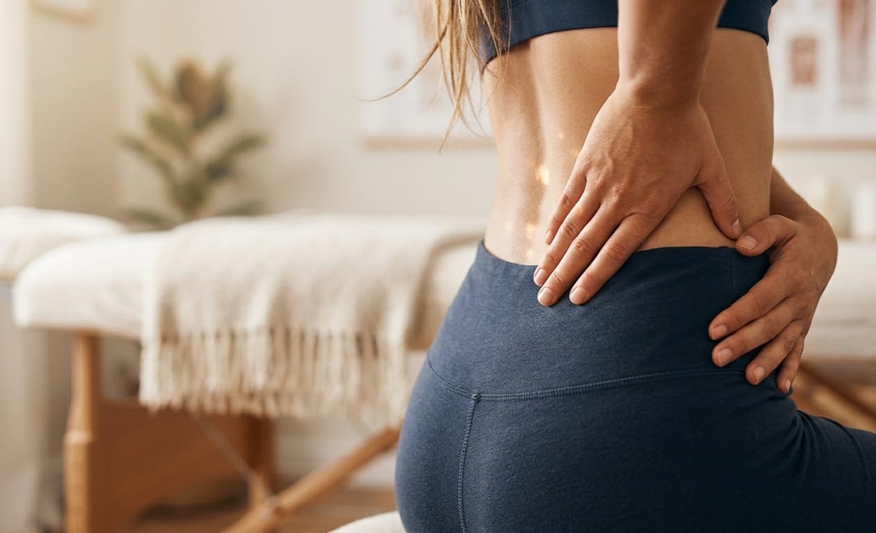 Woman holding her lower back in pain before a physiotherapy assessment